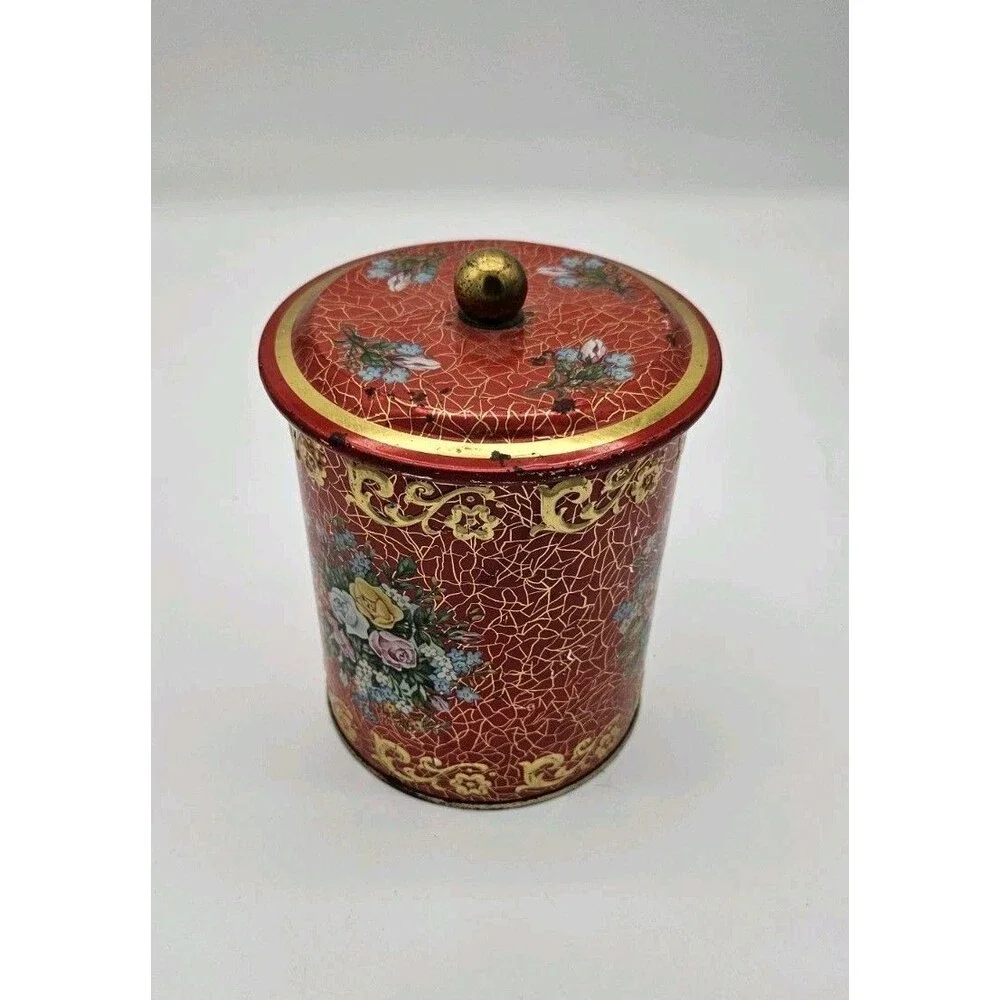 Vtg Red Floral Tin Embossed With Lid Made In West Germany Canister Cottage Core